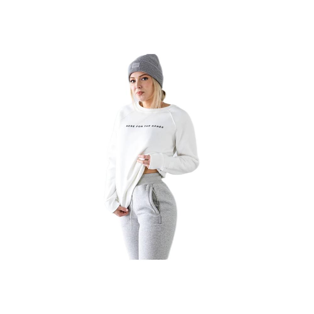 Apres Actif Here For The Apres Unisex Crew 2024 White On Female Model Detail