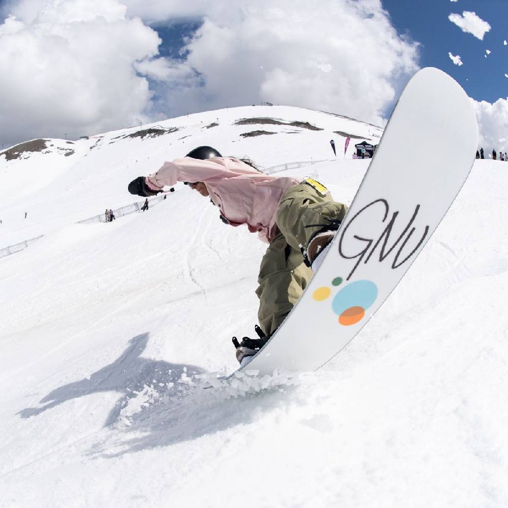 Gnu B Nice Womens Snowboard 2024 Base Sheet Of Snowboard On Snow Detail 