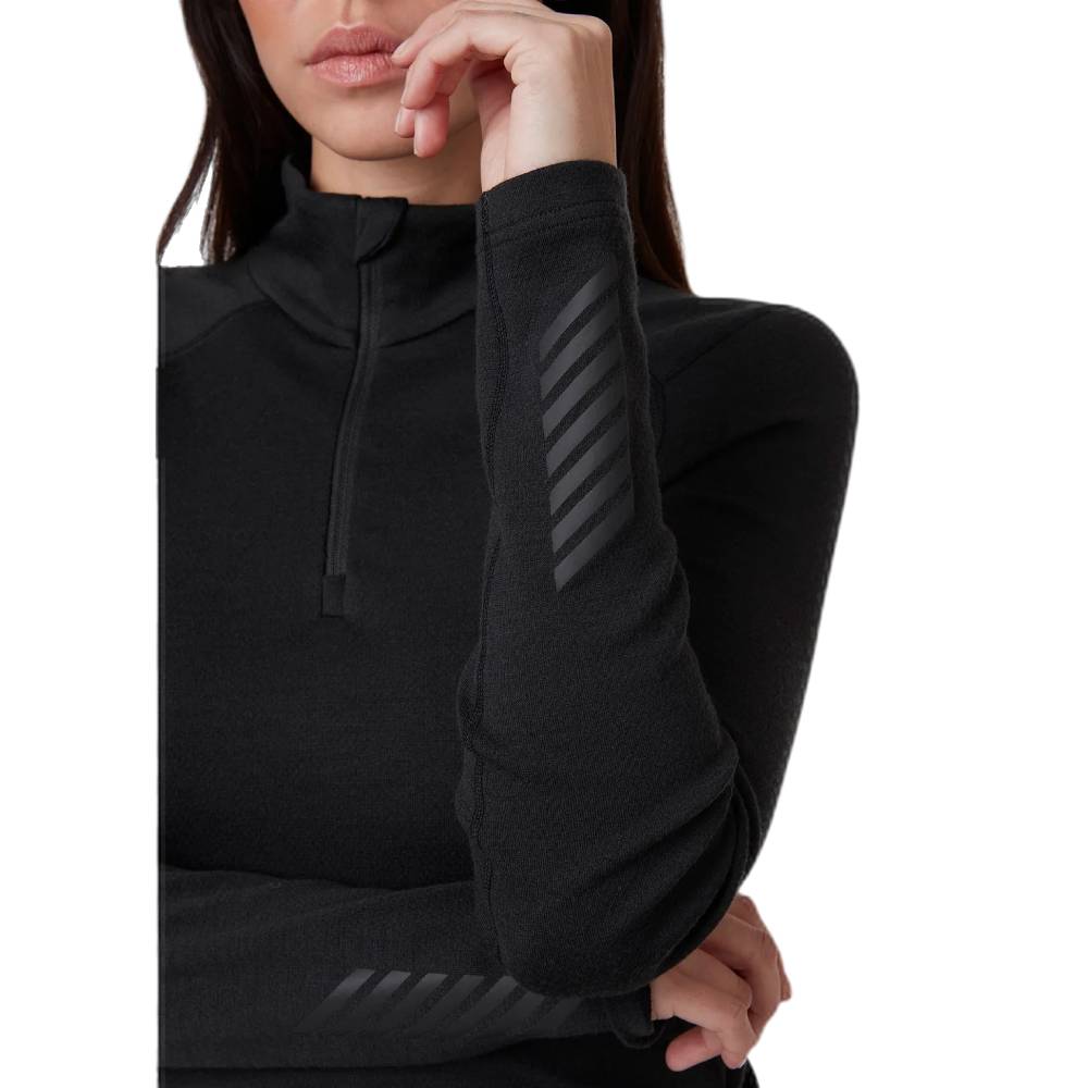 Helly Hansen Lifa Merino MW Womens Half Zip 2024 Black On Model Stripe Sleeve Detail