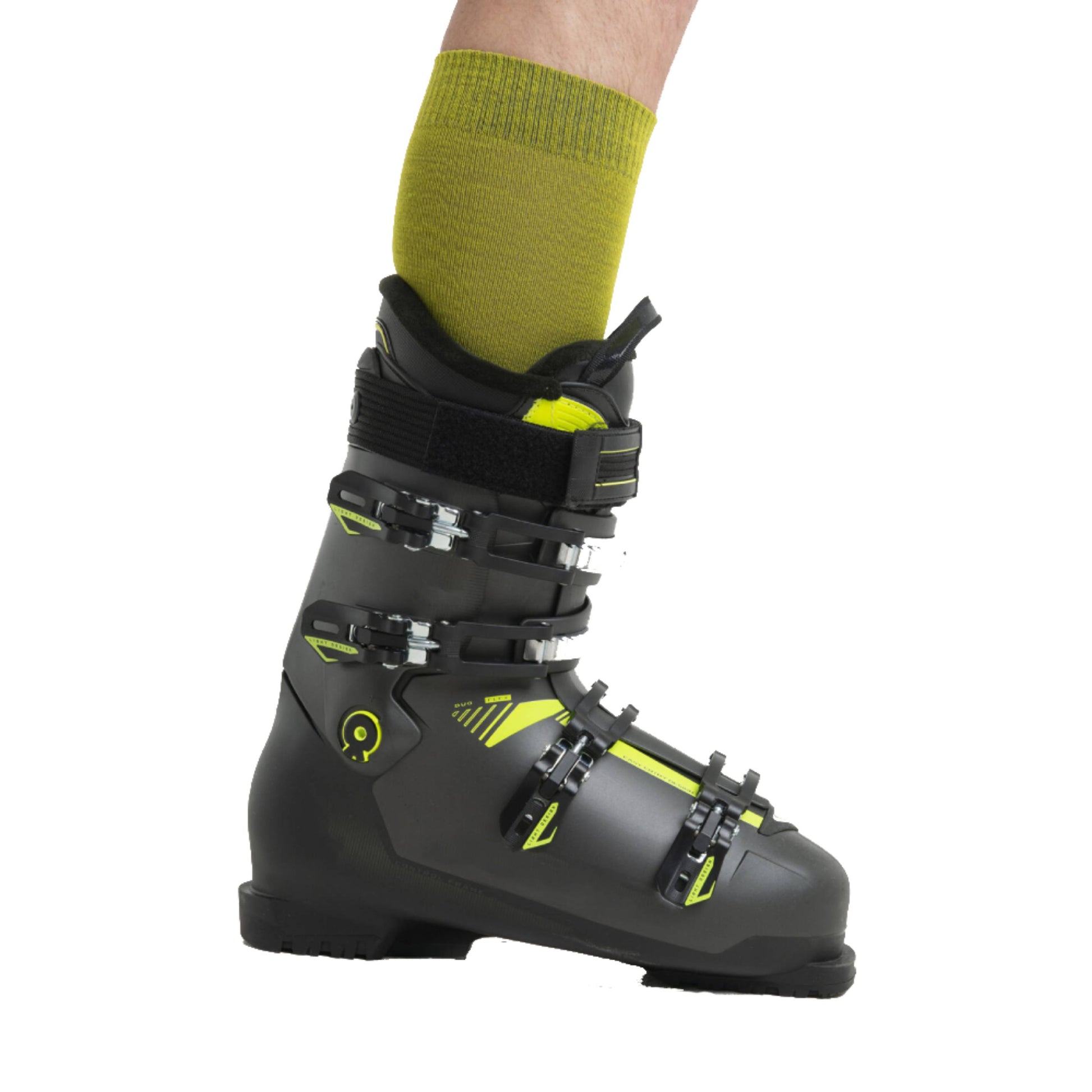 Icebreaker Ski+ Ultralight OTC Mens Sock Bio Lime Loden On Model In Ski Boot Detail