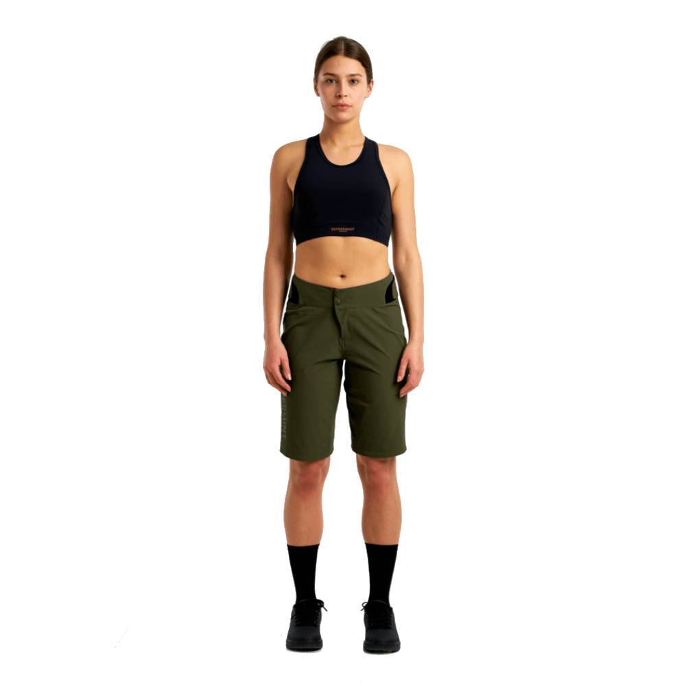 Peppermint MTB Tech Womens Shorts Spruce Full Length Front On Model Detail