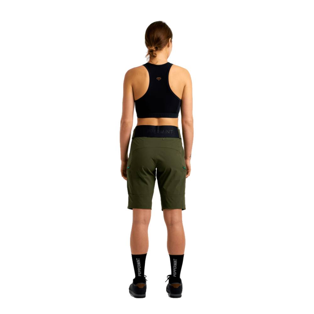  Peppermint MTB Tech Womens Shorts Spruce Full Length On Model Back Detail