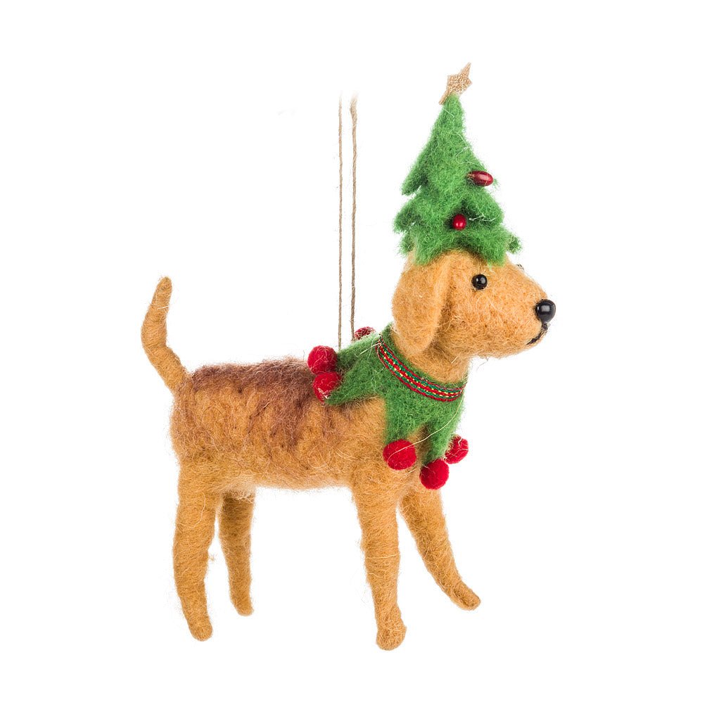 Abbott Dog in Tree Suit Ornament - Skiis & Biikes