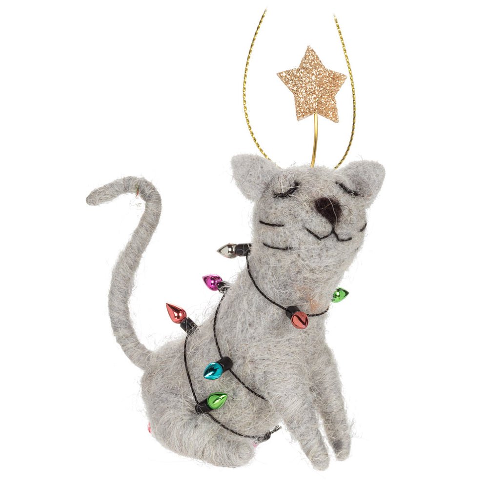 Abbott Sitting Cat w/Lights Ornament - Skiis & Biikes