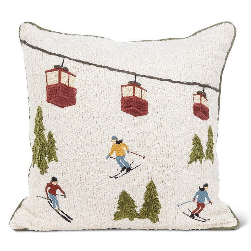 Abbott Square Ski Scene Boucle Pillow - Skiis & Biikes