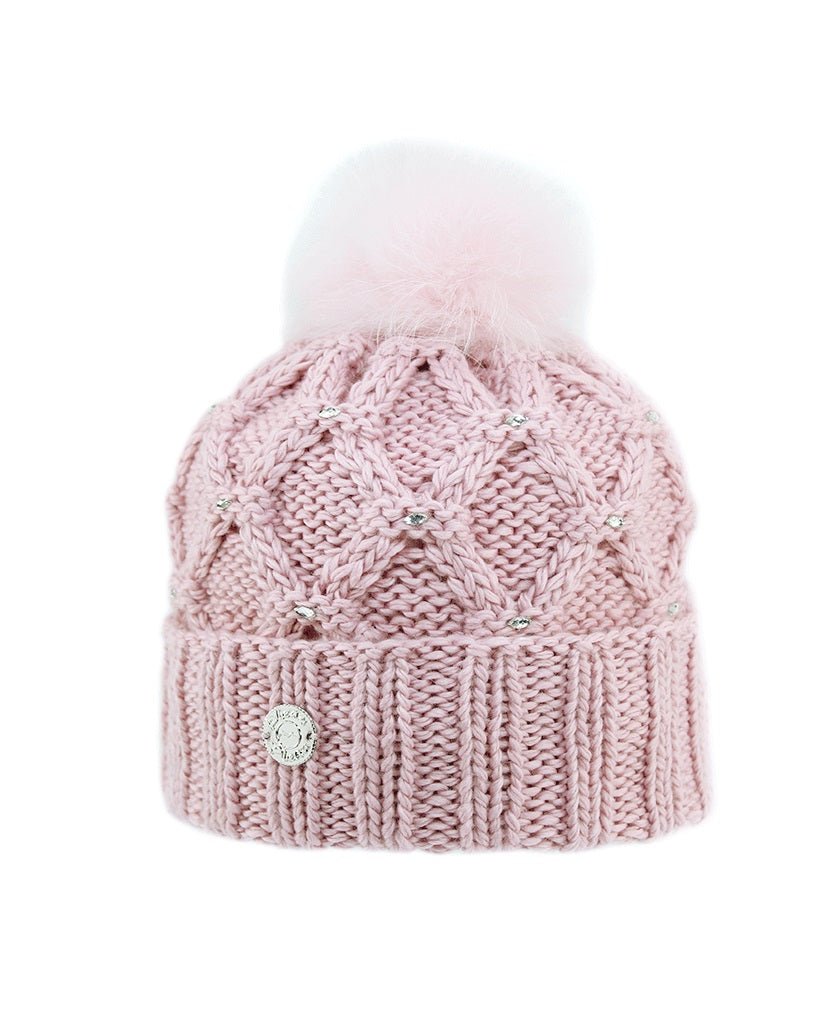 Pleau Womens Diamond Knit Hat with Fur Pom - Skiis & Biikes